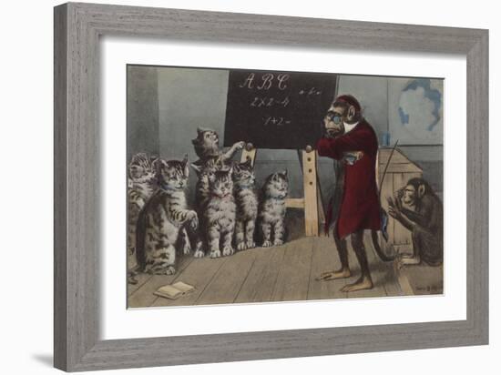 Monkey Teaching a Class of Kittens-null-Framed Giclee Print