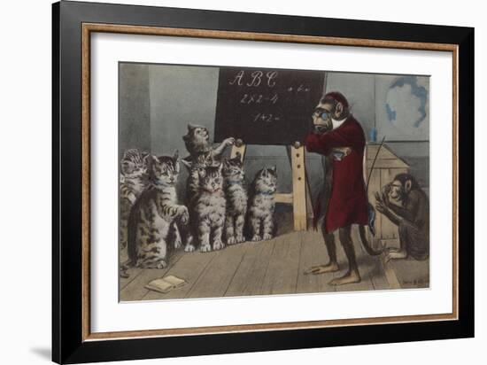 Monkey Teaching a Class of Kittens-null-Framed Giclee Print