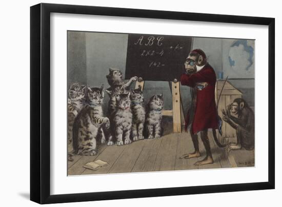 Monkey Teaching a Class of Kittens-null-Framed Giclee Print