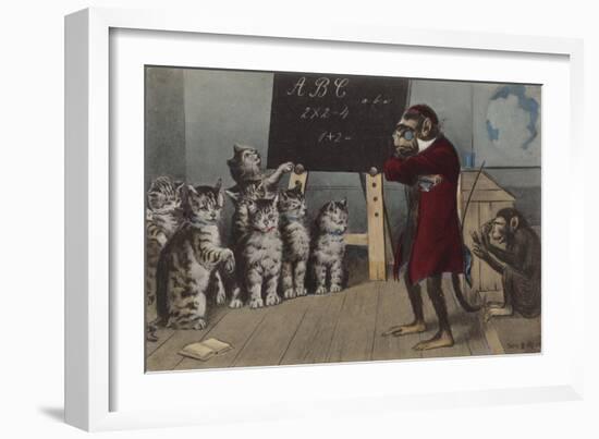 Monkey Teaching a Class of Kittens-null-Framed Giclee Print