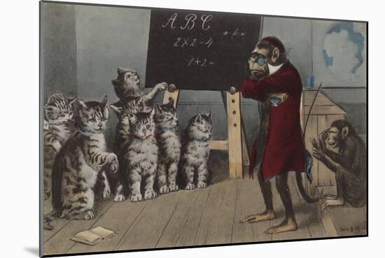 Monkey Teaching a Class of Kittens-null-Mounted Giclee Print