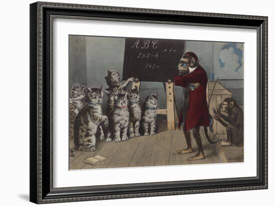Monkey Teaching a Class of Kittens-null-Framed Giclee Print