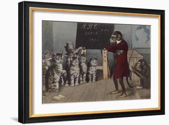 Monkey Teaching a Class of Kittens-null-Framed Giclee Print