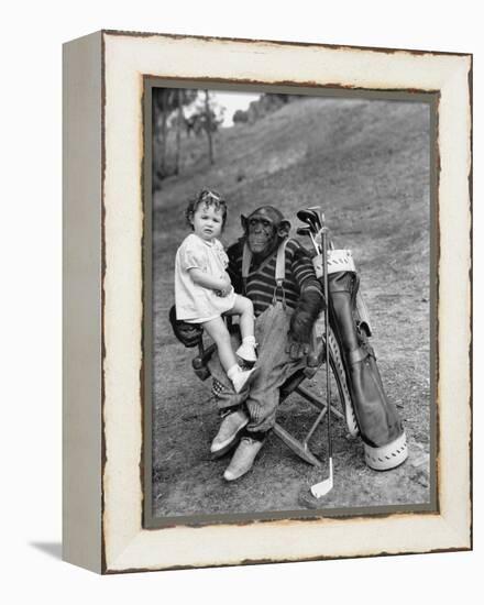 Monkey with Golf Clubs and Toddler Girl-null-Framed Stretched Canvas