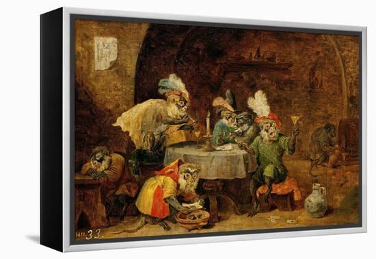 Monkeys Drinking And Smoking, 17th Century-David Teniers the Younger-Framed Premier Image Canvas