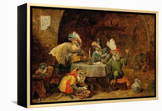 Monkeys Drinking And Smoking, 17th Century-David Teniers the Younger-Framed Premier Image Canvas