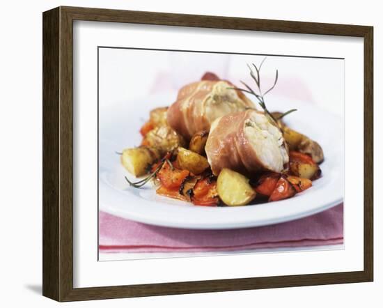 Monkfish Rolls Wrapped in Parma Ham with Roasted Vegetables-null-Framed Photographic Print