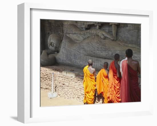 Monks at Reclining Buddha Statue, Gal Vihara, Polonnaruwa, UNESCO World Heritage Site, Sri Lanka-Ian Trower-Framed Photographic Print