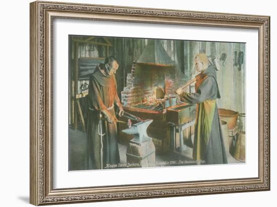 Monks in Blacksmith Shop, Santa Barbara Mission, California-null-Framed Art Print