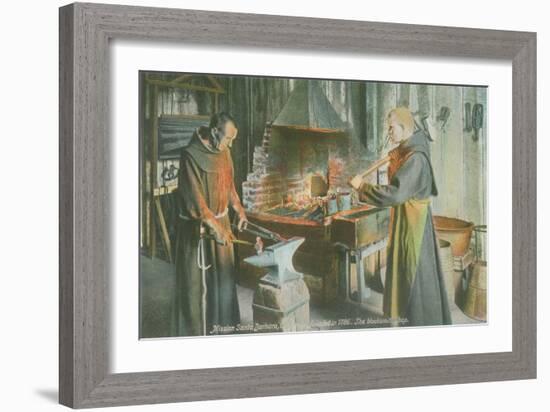 Monks in Blacksmith Shop, Santa Barbara Mission, California-null-Framed Art Print