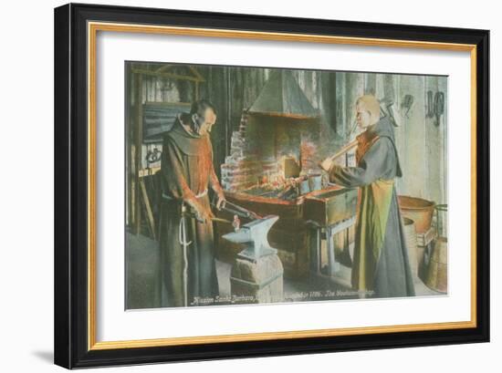 Monks in Blacksmith Shop, Santa Barbara Mission, California-null-Framed Art Print