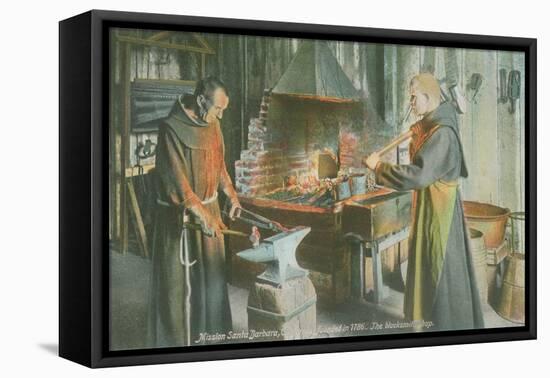 Monks in Blacksmith Shop, Santa Barbara Mission, California-null-Framed Stretched Canvas