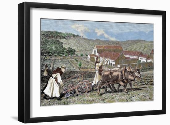 Monks Ploughing the Land with Oxen. Germany.-Tarker-Framed Giclee Print