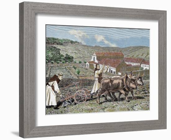 Monks Plowing the Land with Oxen, Germany (1872)-Prisma Archivo-Framed Photographic Print