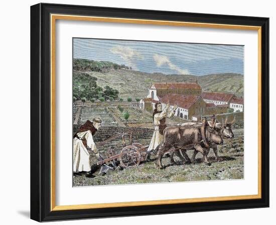 Monks Plowing the Land with Oxen, Germany (1872)-Prisma Archivo-Framed Photographic Print