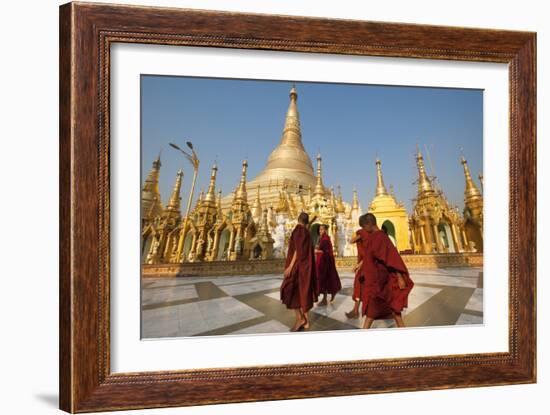 Monks walk around Shwedagon Pagoda, Yangon (Rangoon), Myanmar (Burma), Asia-Alex Treadway-Framed Photographic Print