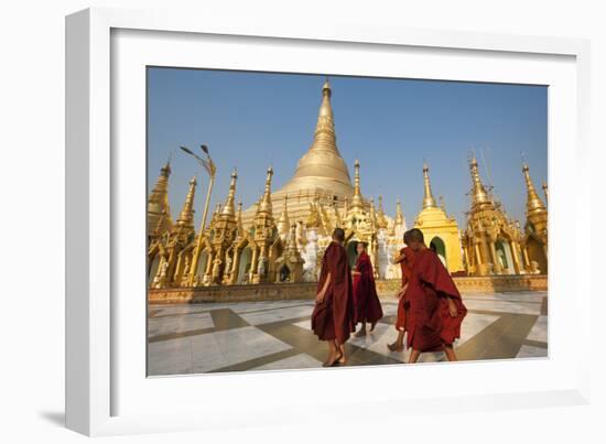 Monks walk around Shwedagon Pagoda, Yangon (Rangoon), Myanmar (Burma), Asia-Alex Treadway-Framed Photographic Print