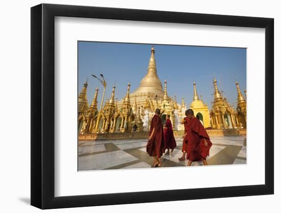 Monks walk around Shwedagon Pagoda, Yangon (Rangoon), Myanmar (Burma), Asia-Alex Treadway-Framed Photographic Print