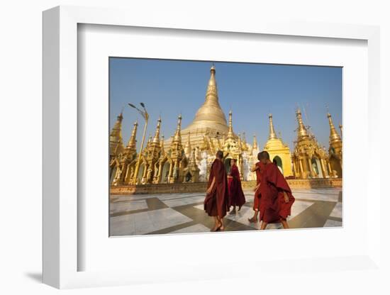 Monks walk around Shwedagon Pagoda, Yangon (Rangoon), Myanmar (Burma), Asia-Alex Treadway-Framed Photographic Print