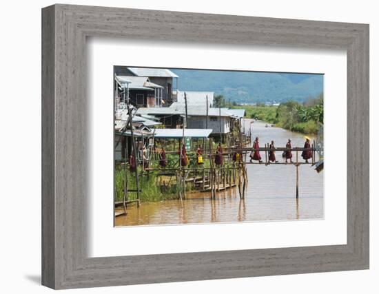 Monks Walking on the Bridge, Inle Lake, Shan State, Myanmar-Keren Su-Framed Photographic Print