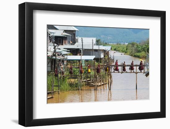 Monks Walking on the Bridge, Inle Lake, Shan State, Myanmar-Keren Su-Framed Photographic Print