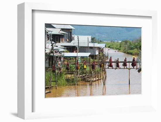 Monks Walking on the Bridge, Inle Lake, Shan State, Myanmar-Keren Su-Framed Photographic Print