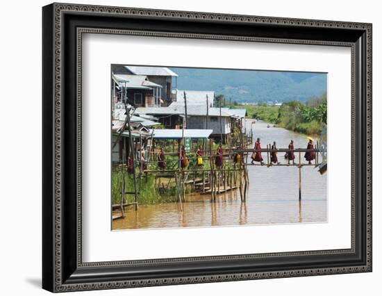 Monks Walking on the Bridge, Inle Lake, Shan State, Myanmar-Keren Su-Framed Photographic Print