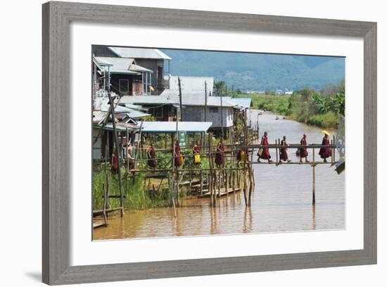 Monks Walking on the Bridge, Inle Lake, Shan State, Myanmar-Keren Su-Framed Photographic Print