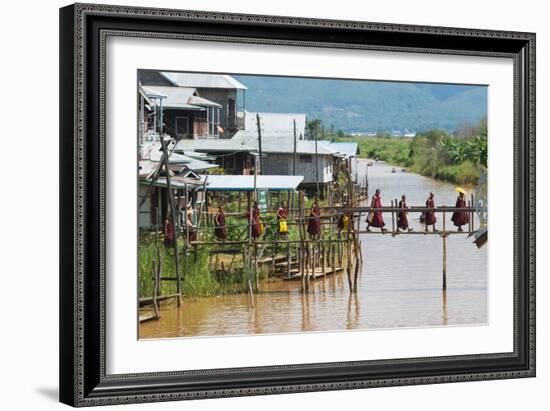 Monks Walking on the Bridge, Inle Lake, Shan State, Myanmar-Keren Su-Framed Photographic Print