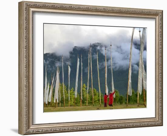 Monks with Praying Flags, Phobjikha Valley, Gangtey Village, Bhutan-Keren Su-Framed Photographic Print