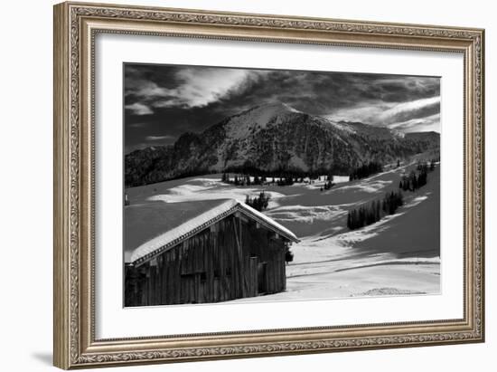 Monochrome Image of an Alpine Mountain Cabin in a Winter Landsca-Sabine Jacobs-Framed Photographic Print