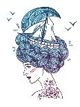 Hand Drawn Color Artwork of a Dreaming Young Beautiful Woman with Ship in Waves of Curly Swirly Sea-Monomoon-Art Print