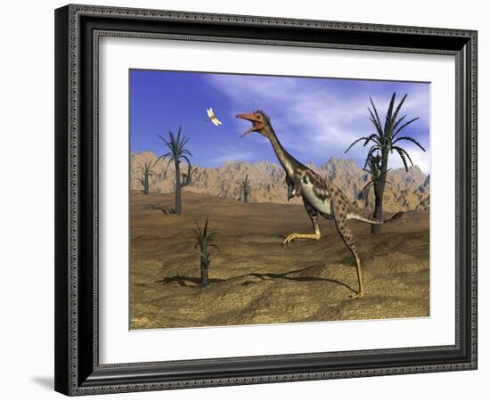 Mononykus Dinosaur Chasing a Dragonfly in the Desert-Stocktrek Images-Framed Art Print