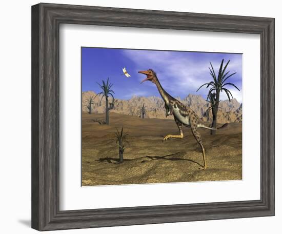 Mononykus Dinosaur Chasing a Dragonfly in the Desert-Stocktrek Images-Framed Art Print
