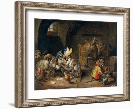 Monos En Una Bodega, 17th Century, Flemish School-David Teniers the Younger-Framed Giclee Print