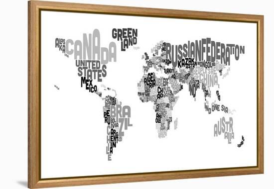 Monotone Text Map of the World-Michael Tompsett-Framed Stretched Canvas