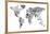 Monotone Text Map of the World-Michael Tompsett-Framed Stretched Canvas