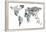 Monotone Text Map of the World-Michael Tompsett-Framed Stretched Canvas