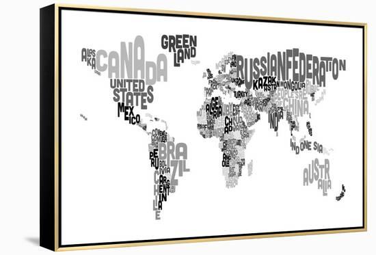 Monotone Text Map of the World-Michael Tompsett-Framed Stretched Canvas