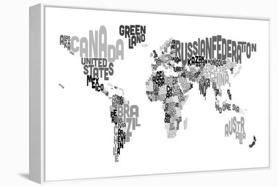 Monotone Text Map of the World-Michael Tompsett-Framed Stretched Canvas