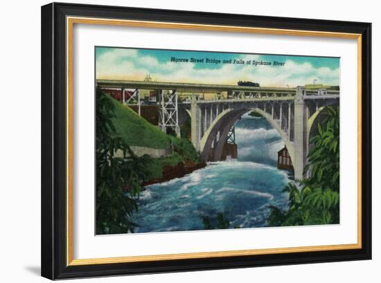 Monroe Street Bridge and Falls on Spokane River - Spokane, WA-Lantern Press-Framed Art Print