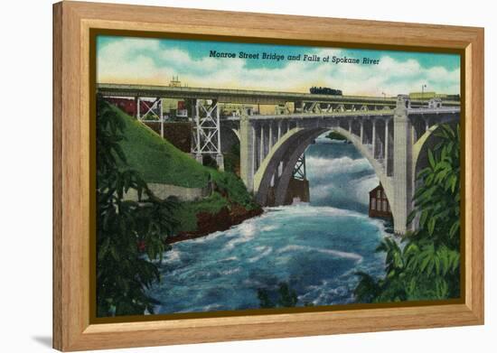 Monroe Street Bridge and Falls on Spokane River - Spokane, WA-Lantern Press-Framed Stretched Canvas