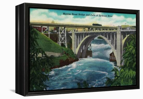 Monroe Street Bridge and Falls on Spokane River - Spokane, WA-Lantern Press-Framed Stretched Canvas