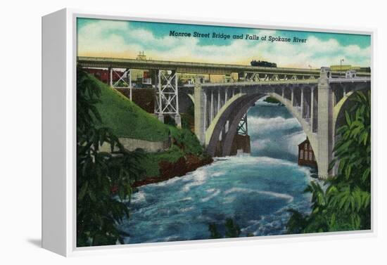 Monroe Street Bridge and Falls on Spokane River - Spokane, WA-Lantern Press-Framed Stretched Canvas