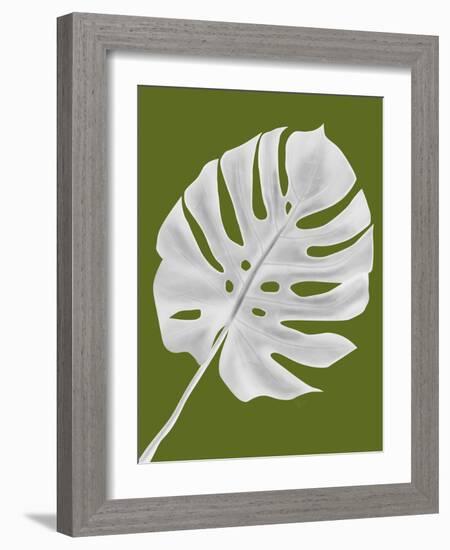 Monstera Leaf 1, White On Green-Fab Funky-Framed Art Print