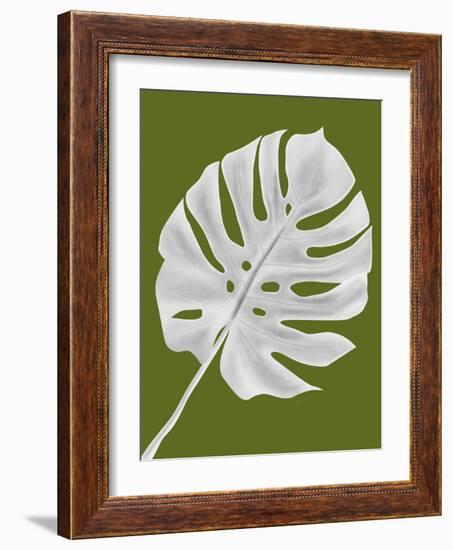 Monstera Leaf 1, White On Green-Fab Funky-Framed Art Print