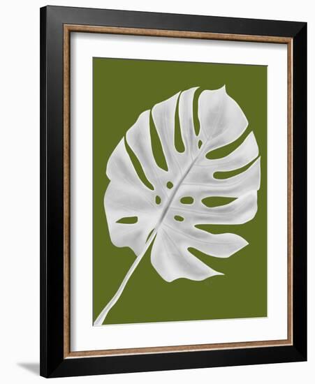 Monstera Leaf 1, White On Green-Fab Funky-Framed Art Print