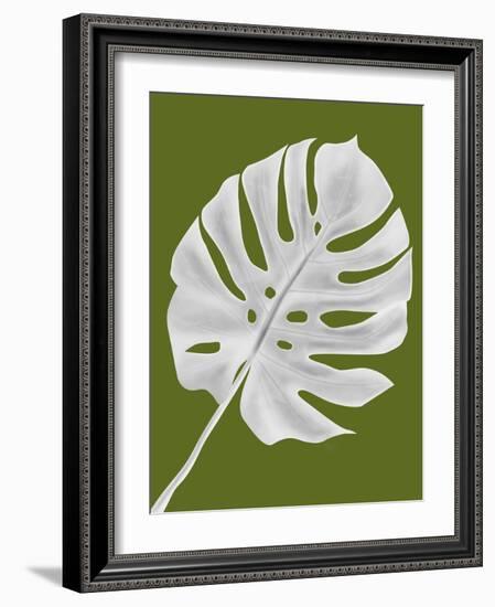 Monstera Leaf 1, White On Green-Fab Funky-Framed Art Print