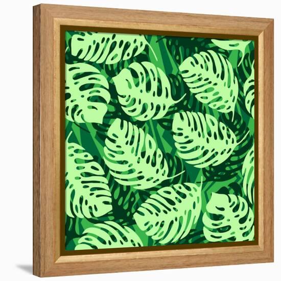 Monstera Leaves on Green Wave Background Pattern-katritch-Framed Stretched Canvas
