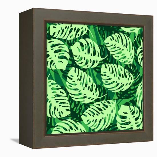 Monstera Leaves on Green Wave Background Pattern-katritch-Framed Stretched Canvas